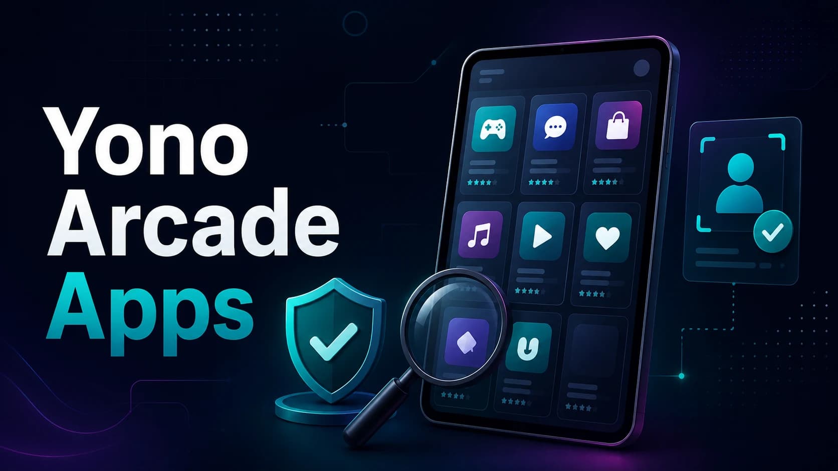 Yono Arcade apps interface with a magnifying glass and verification shield illustrating app identity checks