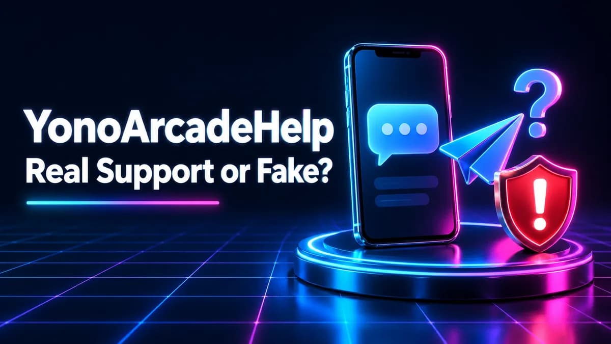 A phone showing a support chat next to a warning shield and a question mark over a Telegram contact