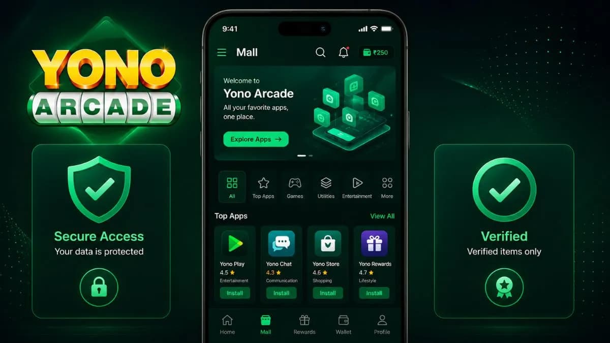 Illustration of the Yono Arcade Mall screen with the Top Apps carousel, category filters and wallet balance